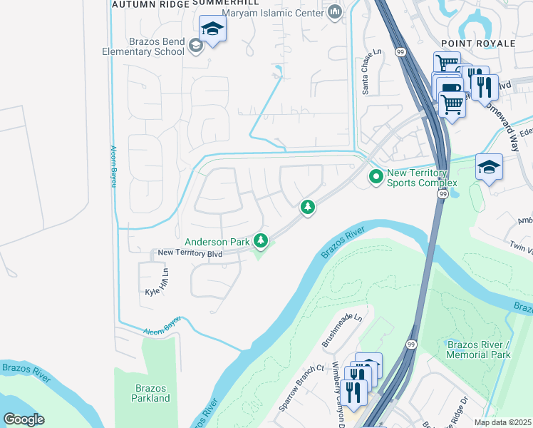 map of restaurants, bars, coffee shops, grocery stores, and more near 1227 Oxford Mills Lane in Sugar Land