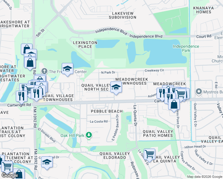map of restaurants, bars, coffee shops, grocery stores, and more near 3206 Greenridge Drive in Missouri City