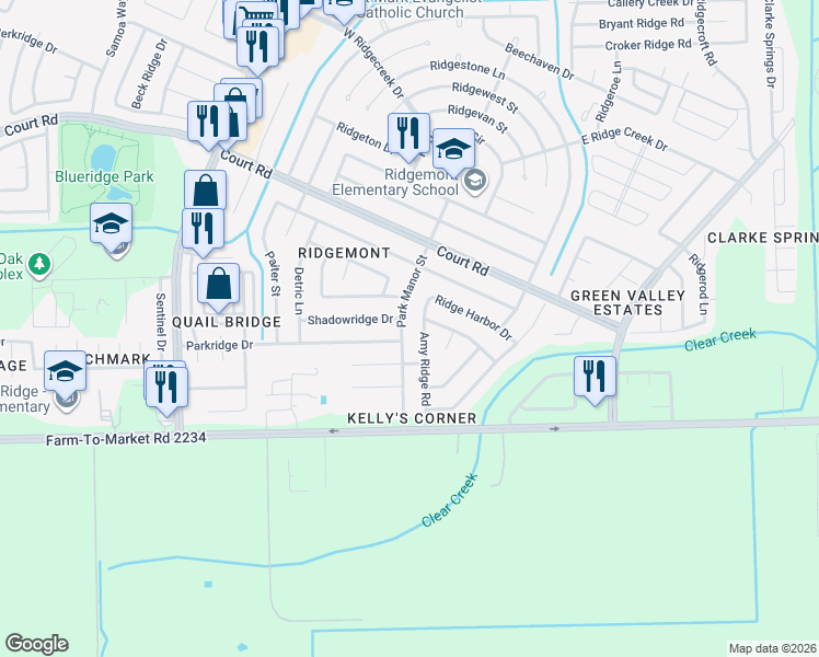 map of restaurants, bars, coffee shops, grocery stores, and more near 16511 Amy Ridge Road in Houston