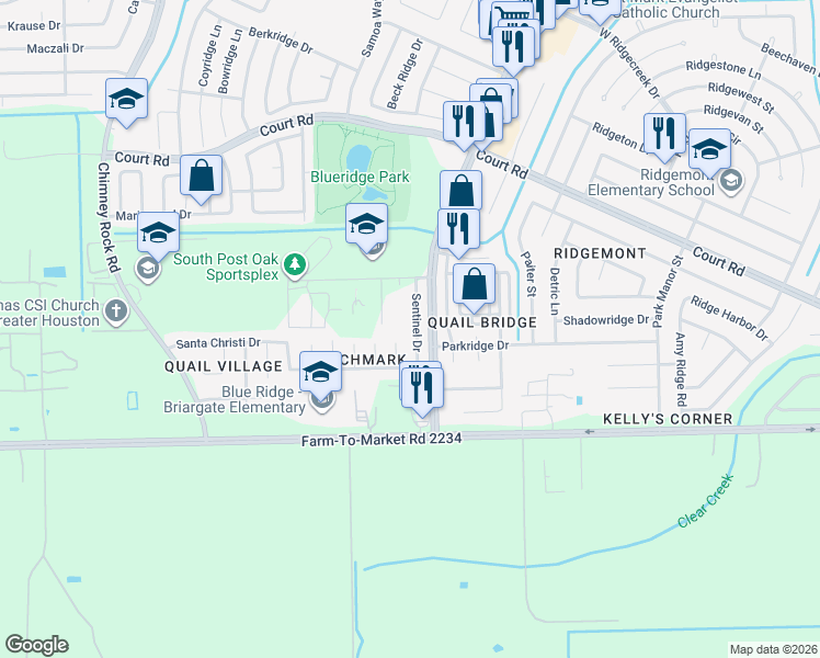 map of restaurants, bars, coffee shops, grocery stores, and more near 16618 Sentinel Drive in Houston