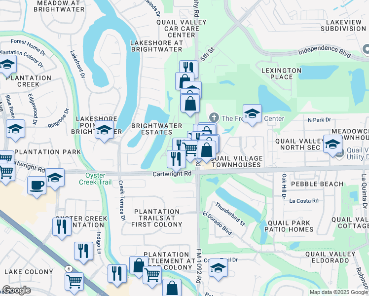 map of restaurants, bars, coffee shops, grocery stores, and more near 2424 FM 1092 Road in Missouri City