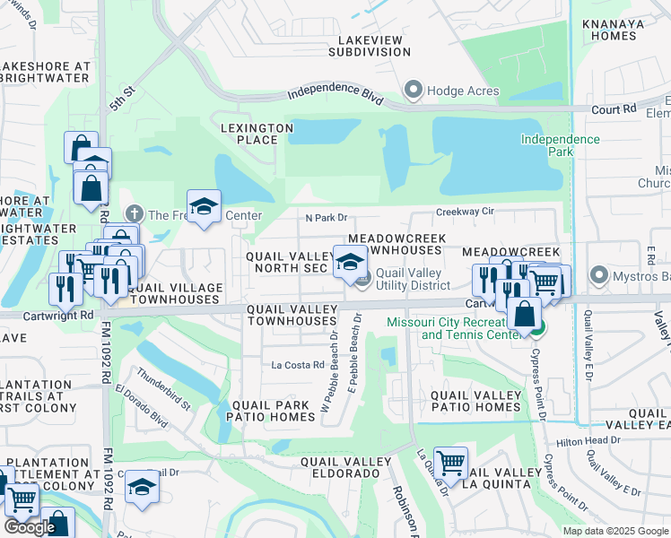 map of restaurants, bars, coffee shops, grocery stores, and more near 3206 Greenridge Dr in Missouri City