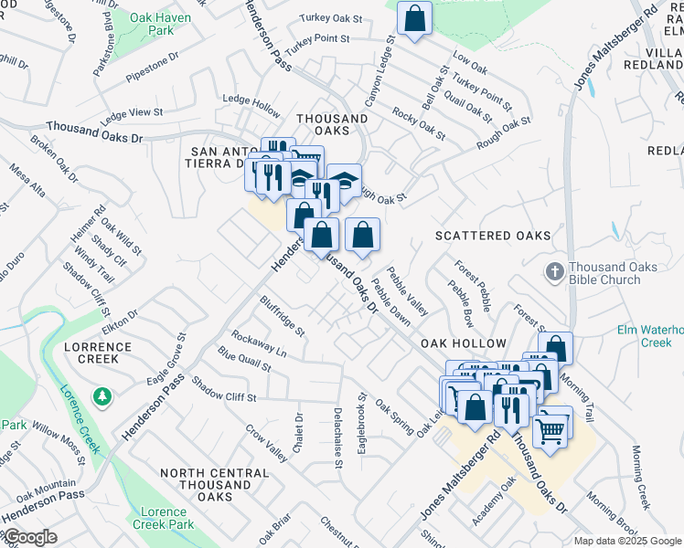map of restaurants, bars, coffee shops, grocery stores, and more near 2538 Thousand Oaks Drive in San Antonio