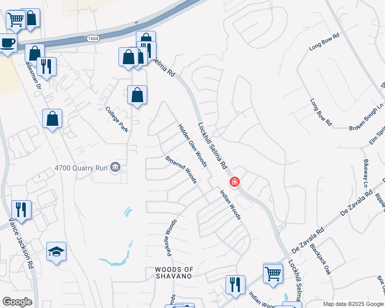 map of restaurants, bars, coffee shops, grocery stores, and more near 4206 Rustic Meadows in San Antonio