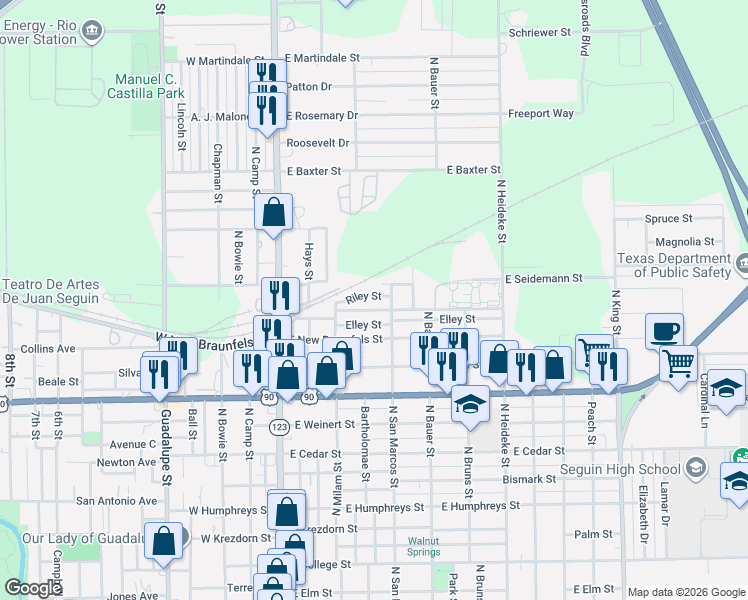 map of restaurants, bars, coffee shops, grocery stores, and more near 511 Riley Street in Seguin
