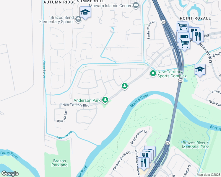 map of restaurants, bars, coffee shops, grocery stores, and more near 1227 Oxford Mills Lane in Sugar Land