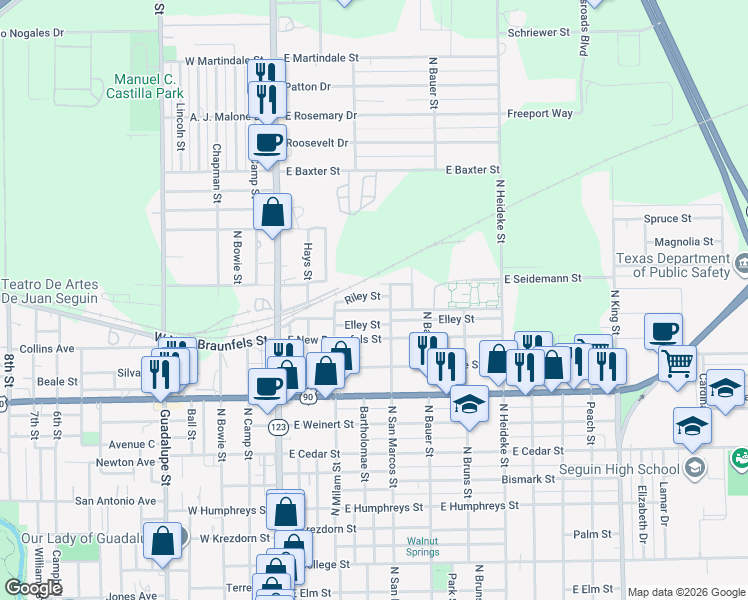 map of restaurants, bars, coffee shops, grocery stores, and more near 511 Riley Street in Seguin