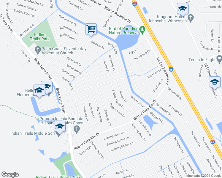 map of restaurants, bars, coffee shops, grocery stores, and more near 33 Bunker Knolls Lane in Palm Coast