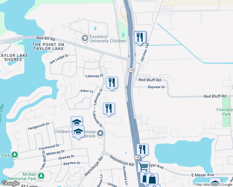 map of restaurants, bars, coffee shops, grocery stores, and more near 2233 Scenic Shore Drive in Seabrook