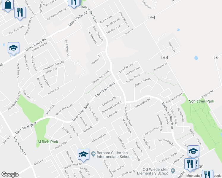 map of restaurants, bars, coffee shops, grocery stores, and more near 204 Summit View in Cibolo