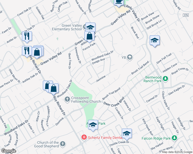 map of restaurants, bars, coffee shops, grocery stores, and more near 2811 Wild Cherry in Schertz