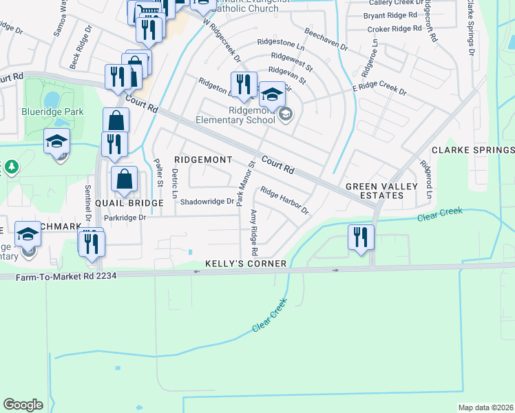 map of restaurants, bars, coffee shops, grocery stores, and more near 16511 Amy Ridge Road in Houston