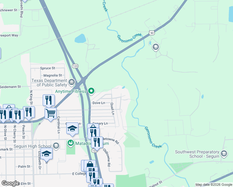map of restaurants, bars, coffee shops, grocery stores, and more near 1450 Peacock Street in Seguin