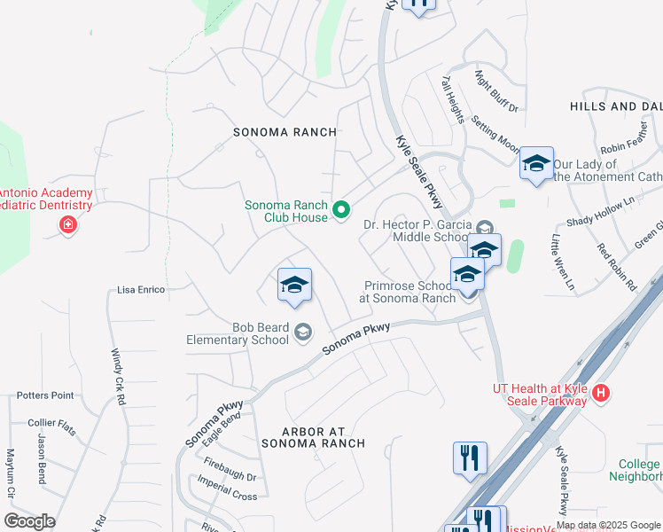 map of restaurants, bars, coffee shops, grocery stores, and more near 134 Candelaria in Helotes