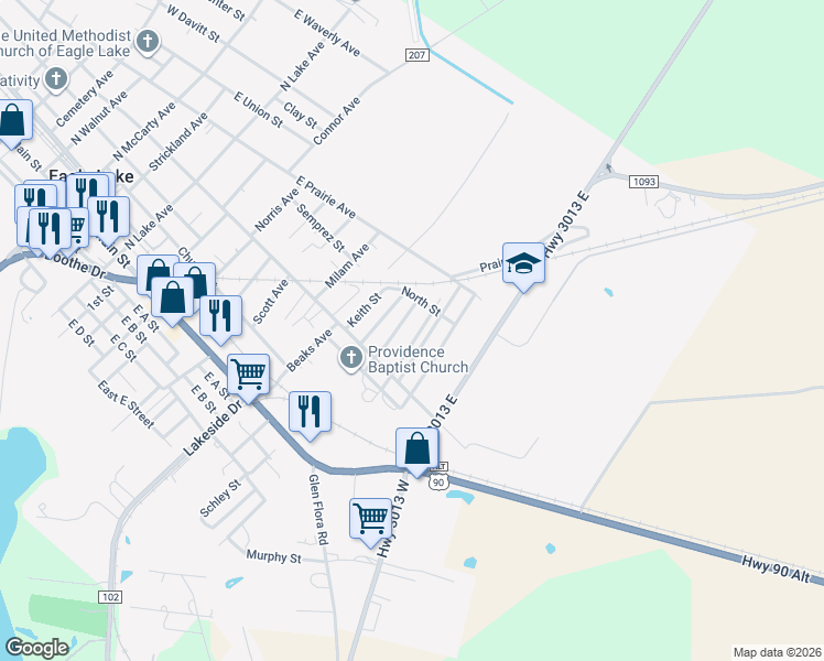 map of restaurants, bars, coffee shops, grocery stores, and more near 603 Shirley Street in Eagle Lake