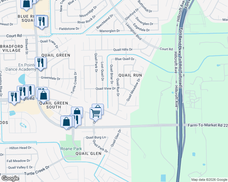 map of restaurants, bars, coffee shops, grocery stores, and more near 16707 Quail Briar Drive in Missouri City
