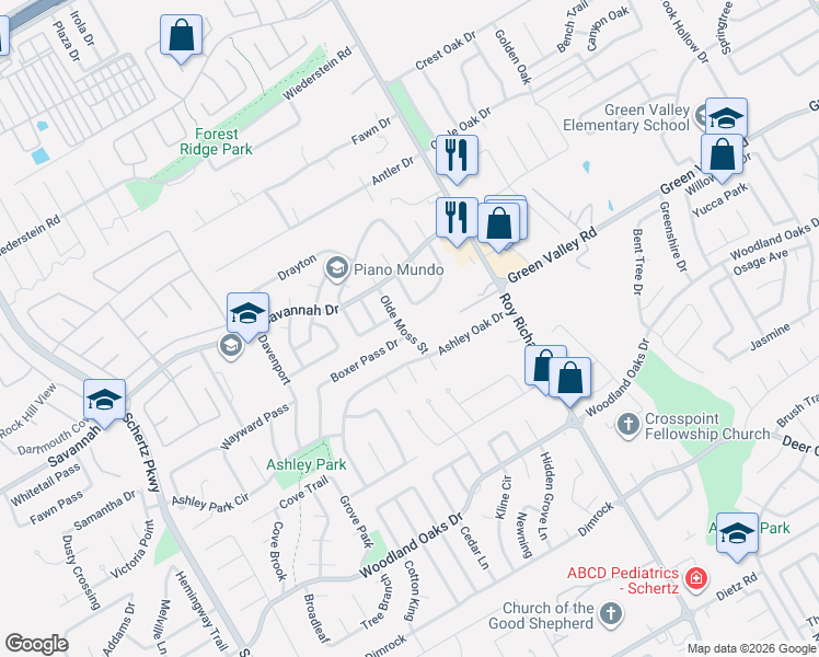 map of restaurants, bars, coffee shops, grocery stores, and more near 3592 Olde Moss Street in Schertz