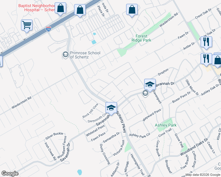 map of restaurants, bars, coffee shops, grocery stores, and more near 3525 Meridian in Schertz