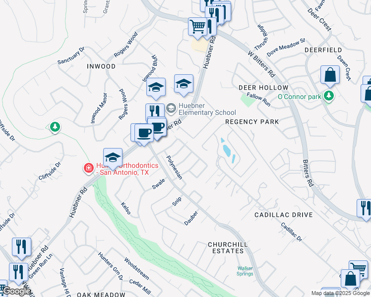 map of restaurants, bars, coffee shops, grocery stores, and more near 14930 Eminence in San Antonio