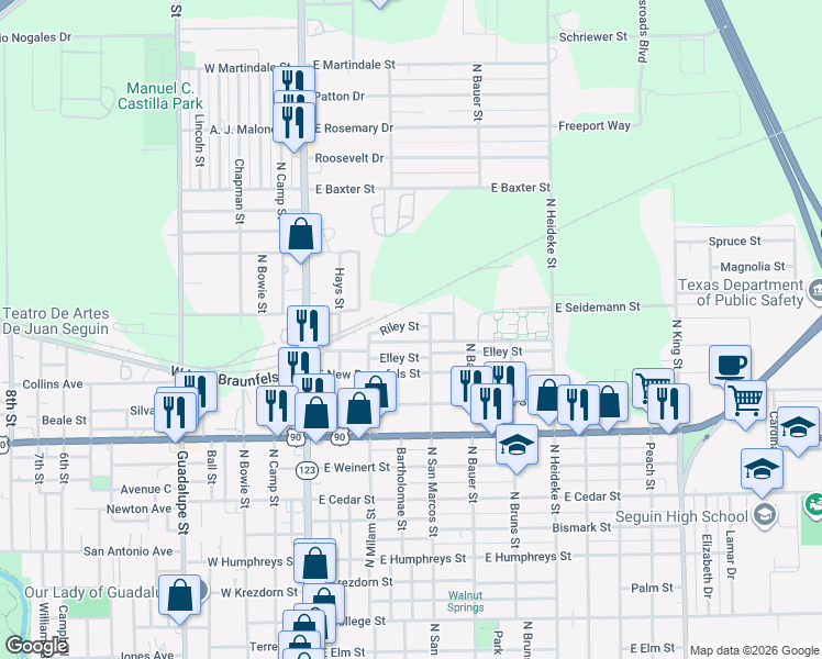 map of restaurants, bars, coffee shops, grocery stores, and more near 511 Riley Street in Seguin