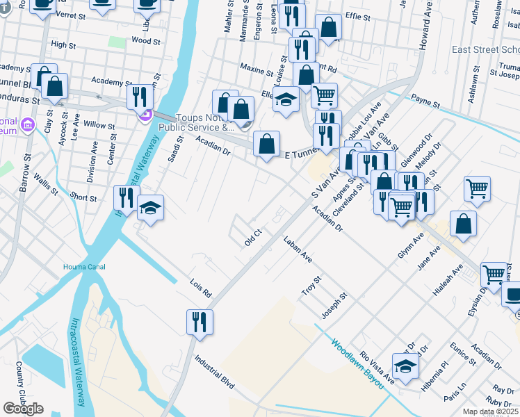map of restaurants, bars, coffee shops, grocery stores, and more near 318 Merrill Drive in Houma