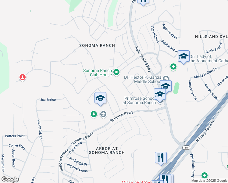 map of restaurants, bars, coffee shops, grocery stores, and more near 134 Candelaria in Helotes