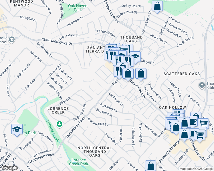 map of restaurants, bars, coffee shops, grocery stores, and more near 2327 Bluffridge Street in San Antonio