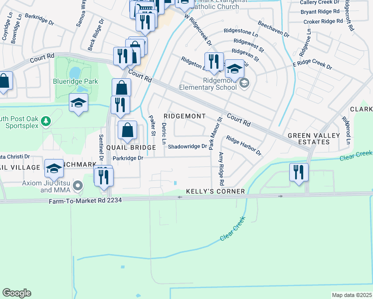 map of restaurants, bars, coffee shops, grocery stores, and more near 5103 Shadowridge Drive in Houston