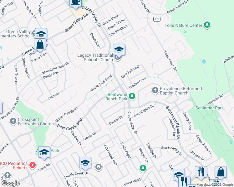 map of restaurants, bars, coffee shops, grocery stores, and more near 204 Summit View in Cibolo