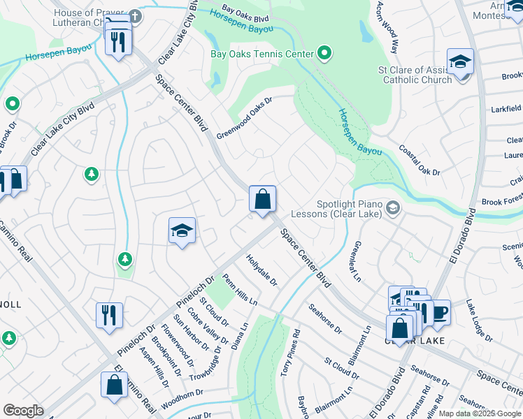 map of restaurants, bars, coffee shops, grocery stores, and more near 1718 Dogwood Brook Trail in Houston