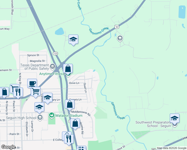 map of restaurants, bars, coffee shops, grocery stores, and more near 1450 Peacock Street in Seguin