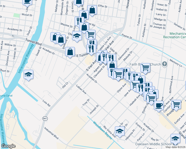 map of restaurants, bars, coffee shops, grocery stores, and more near 163-199 Agnes Street in Houma