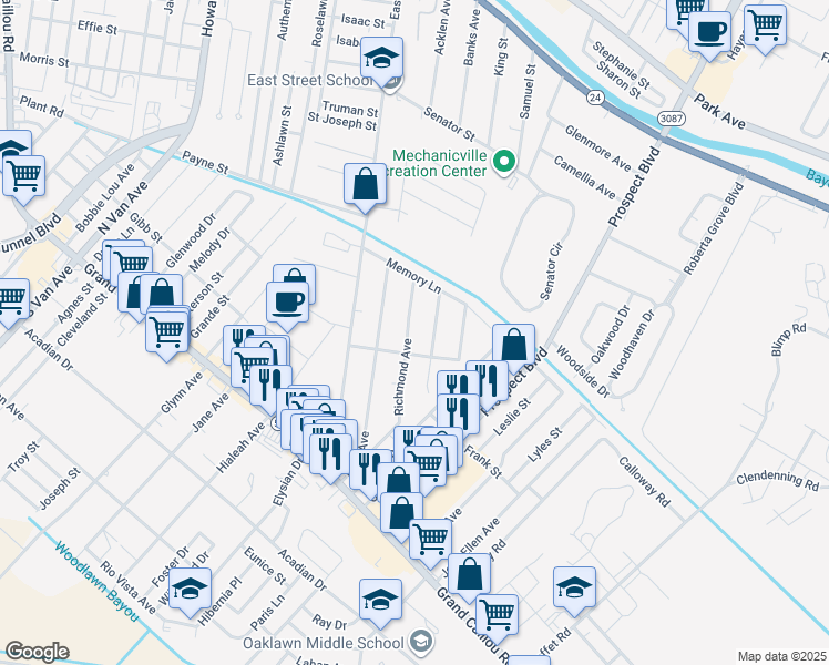 map of restaurants, bars, coffee shops, grocery stores, and more near 420 Richmond Avenue in Houma