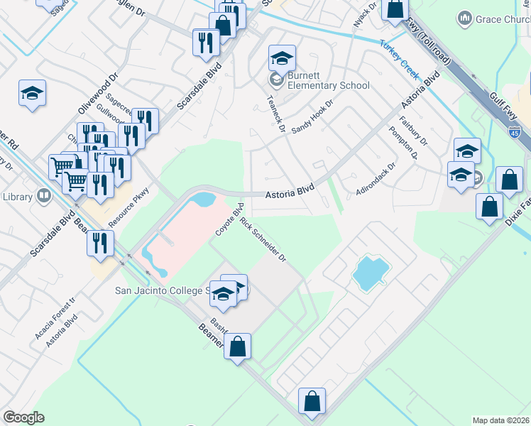map of restaurants, bars, coffee shops, grocery stores, and more near 12314 Barbizon Drive in Houston