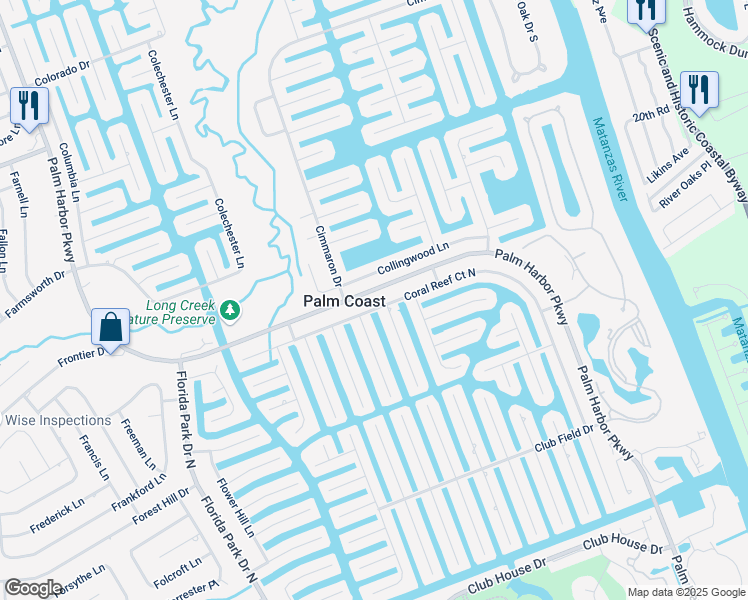 map of restaurants, bars, coffee shops, grocery stores, and more near 178 Coral Reef Court North in Palm Coast