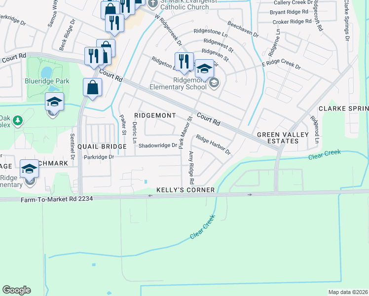 map of restaurants, bars, coffee shops, grocery stores, and more near 16511 Amy Ridge Road in Houston