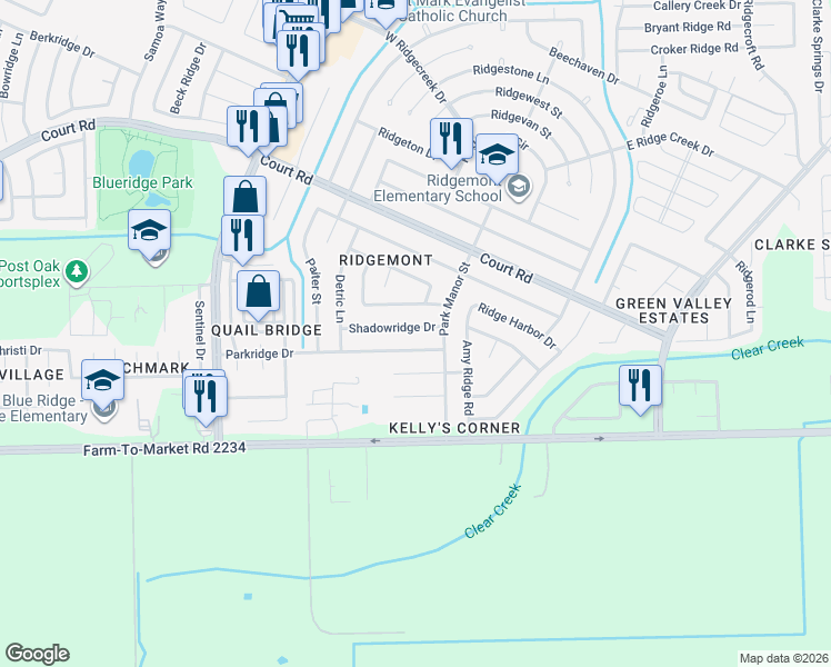 map of restaurants, bars, coffee shops, grocery stores, and more near 5011 Shadowridge Drive in Houston