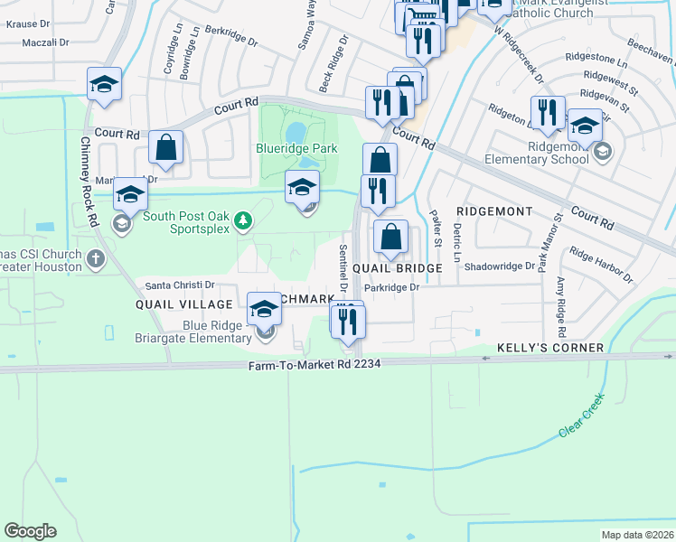 map of restaurants, bars, coffee shops, grocery stores, and more near 16618 Sentinel Drive in Houston