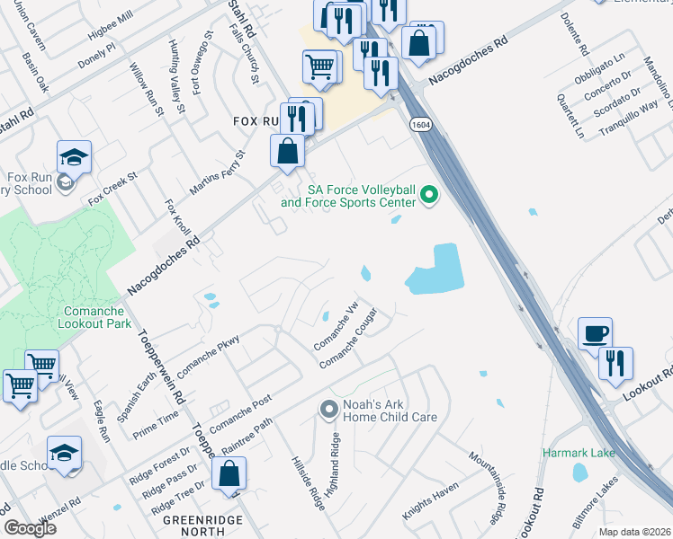 map of restaurants, bars, coffee shops, grocery stores, and more near 16331 Pleasantville Road in San Antonio