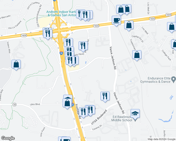map of restaurants, bars, coffee shops, grocery stores, and more near 5602 Presidio Parkway in San Antonio
