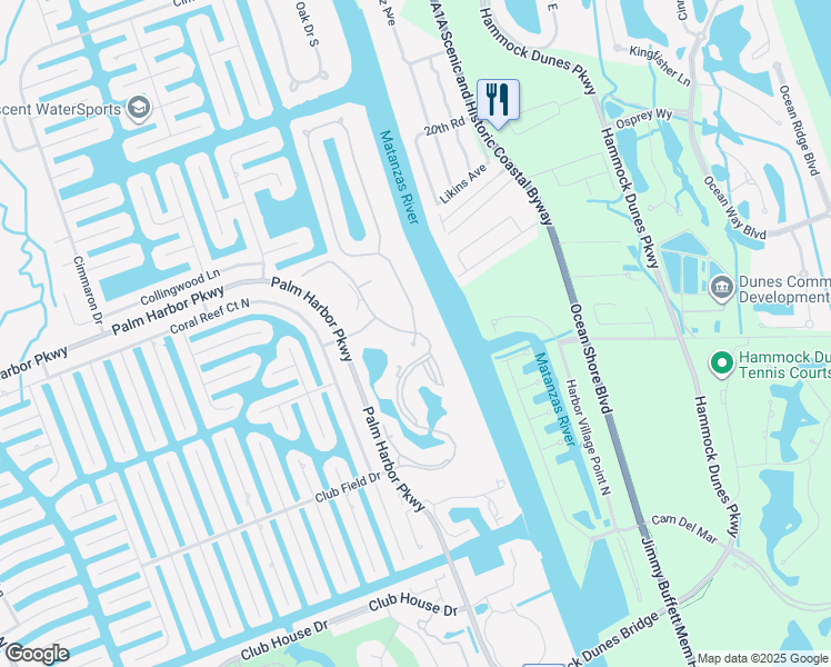 map of restaurants, bars, coffee shops, grocery stores, and more near 25 Riverview Bend South in Palm Coast