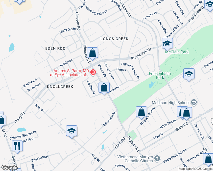 map of restaurants, bars, coffee shops, grocery stores, and more near 16418 Alwick Lane in San Antonio