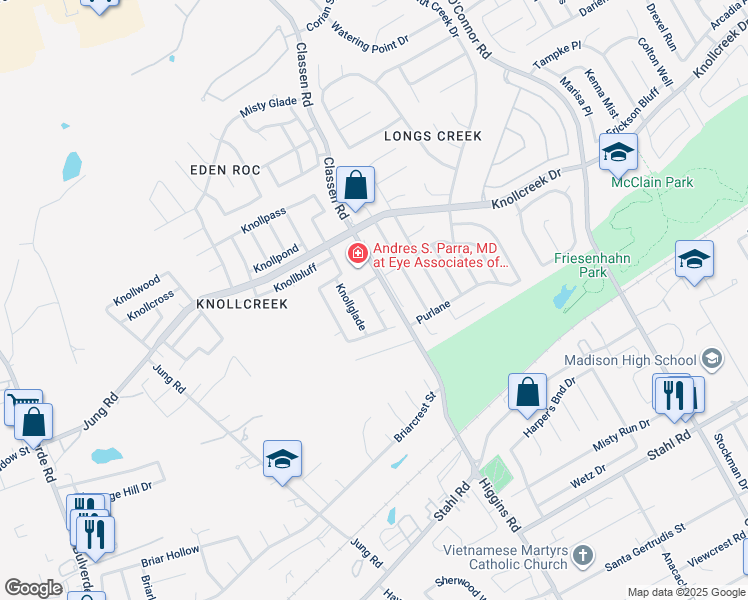 map of restaurants, bars, coffee shops, grocery stores, and more near 4402 Knollchase in San Antonio