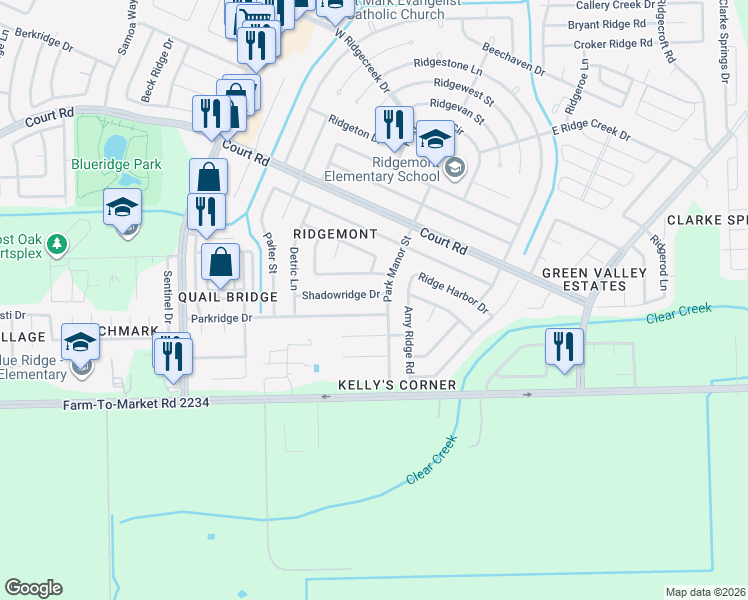 map of restaurants, bars, coffee shops, grocery stores, and more near 5011 Shadowridge Drive in Houston