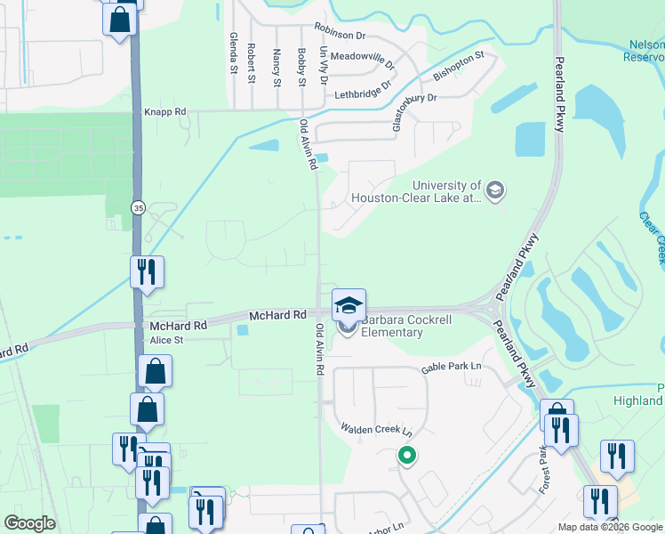 map of restaurants, bars, coffee shops, grocery stores, and more near 1511 Old Alvin Road in Pearland
