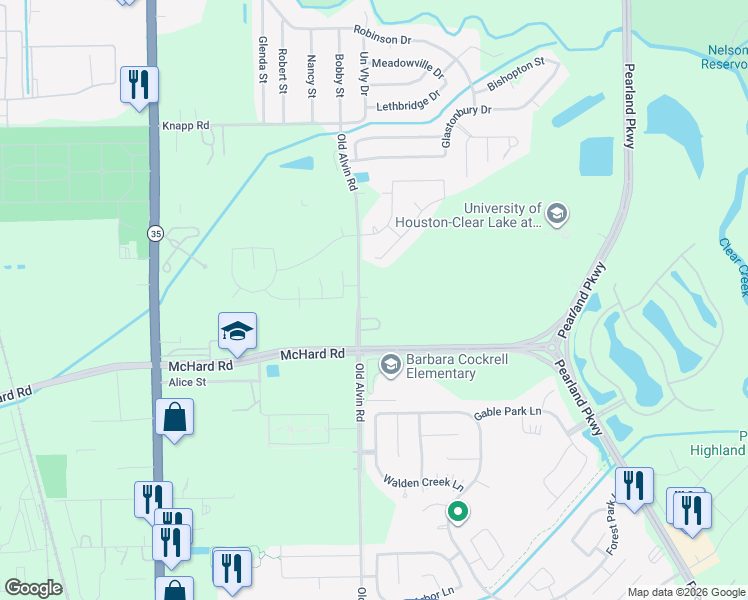 map of restaurants, bars, coffee shops, grocery stores, and more near 1511 Old Alvin Road in Pearland