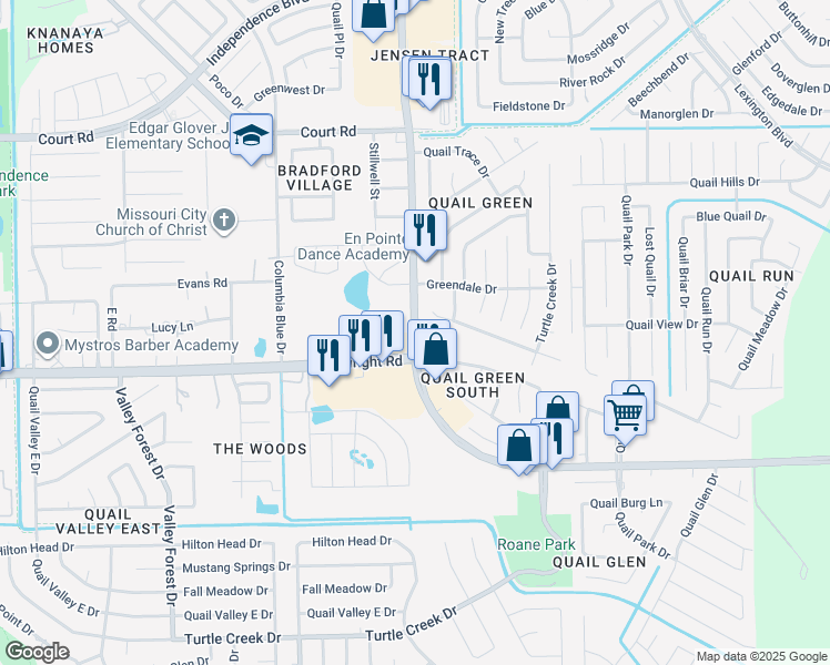 map of restaurants, bars, coffee shops, grocery stores, and more near 2915 Texas Parkway in Missouri City