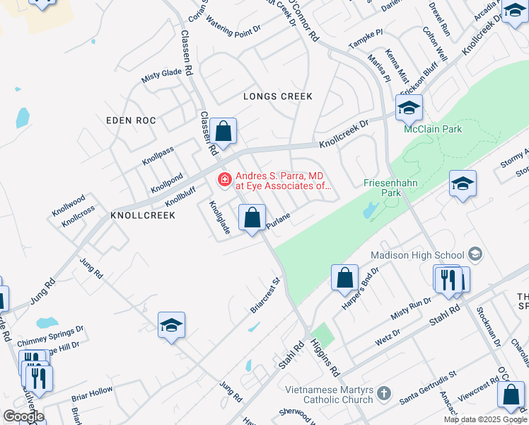 map of restaurants, bars, coffee shops, grocery stores, and more near 16418 Alwick Lane in San Antonio