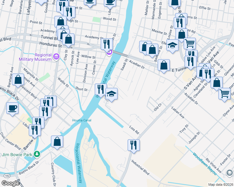 map of restaurants, bars, coffee shops, grocery stores, and more near 118 Daisy Street in Houma