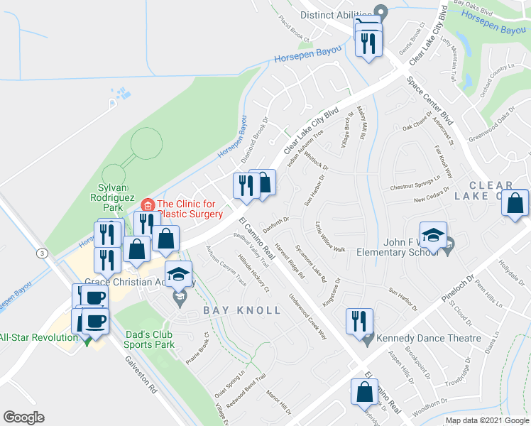 map of restaurants, bars, coffee shops, grocery stores, and more near 14206 Orchard Farms Lane in Houston